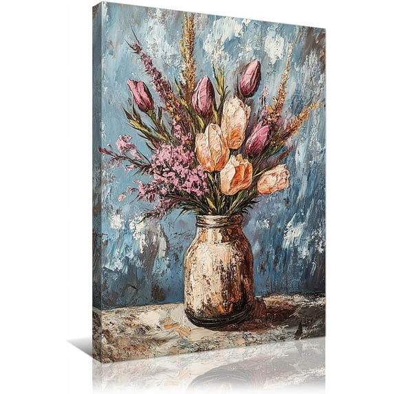 Vintage Flower Canvas Wall Art Mid Century Retro Bedroom Wall Decor Classical Floral Painting for Living Room Dining Room Guest Room Bathroom Decorations Framed 12x16in
