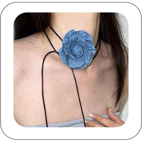 Vintage Flower Choker Necklace For Women Blue Denim Choker Handmade Rose Choker Flower Necklace Jewelry For Women Teen Gril[Z1509]
