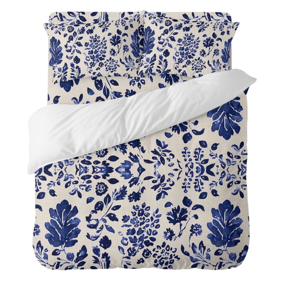 Vintage Flower Comforter Set Queen Size, Spring Abstract Dark Blue Floral Leaf Pattern Linen Texture Soft Bedding Set for Man Woman, 4 Pieces Duvet Cover Set with Fitted Sheet, 2 Pillowcases