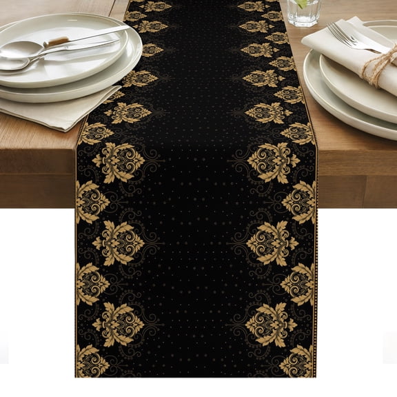 Vintage Flower Cotton Linen Table Runner Gold Floral Lace on Black Geometric Texture Farmhouse Dining Table Runners for Home Decor Party Dining Room Restaurant Kitchen Party 13" x 36"