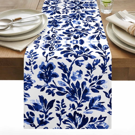 Vintage Flower Cotton Linen Table Runner Spring Abstract Dark Blue Floral Pattern Retro Dining Table Runners for Home Decor Party Dining Room Restaurant Kitchen 13" x 36"