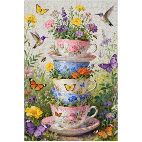 Vintage Flower Cup Puzzle for Adults 1000 Pieces, Retro Garden Puzzle with Butterflies and Hummingbirds, Challenging Spring Floral Artwork, Fun Family Activity, Home Decor, 30x20 in