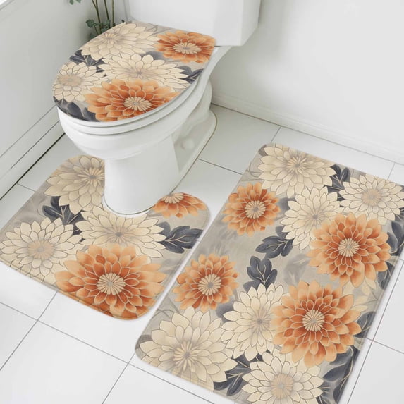 Vintage Flower Dahlia Bathroom Rugs Set Revivalism Plant Watercolor Non Slip Absorbent Soft Bath Mats 3 Piece Set with Bathroom Rug, U-Shaped Floor Mat, Toilet Seat Cover Large Size