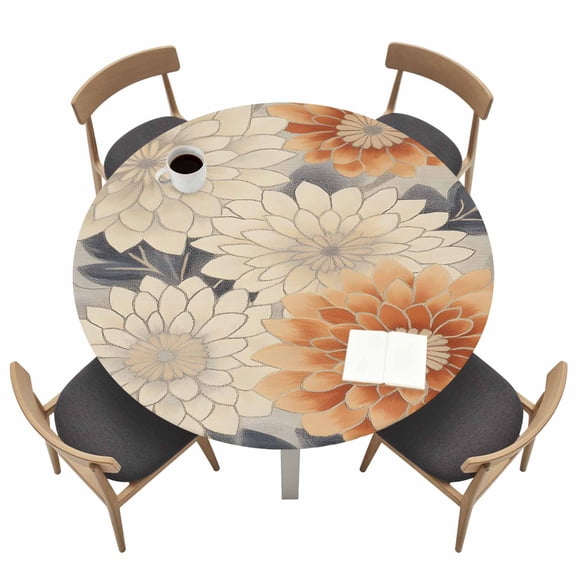 Vintage Flower Dahlia Round Fitted Tablecloth with Elastic Edge Revivalism Plant Watercolor Table Cover Fit for 55"-60" Tables Waterproof Tablecloths for Dinner Camping Picnic