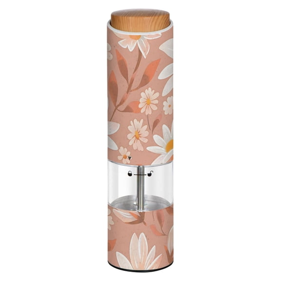 Vintage Flower Daisy Pattern Printed Electric Pepper Mill One-Touch Battery Operated Salt Grinder Adjustable Coarseness Decorative Counter Spice Tool