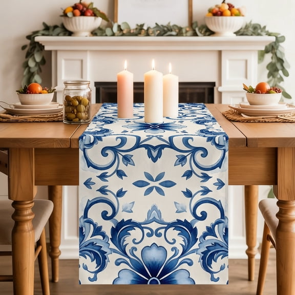 Vintage Flower Dining Table Runner, Greek Cobalt Blue Mandalas Floral Tile Texture Washable Table Runners Kitchen Coffee Table Center Decor for Home Party Holiday Wedding 13 x 36 Inches