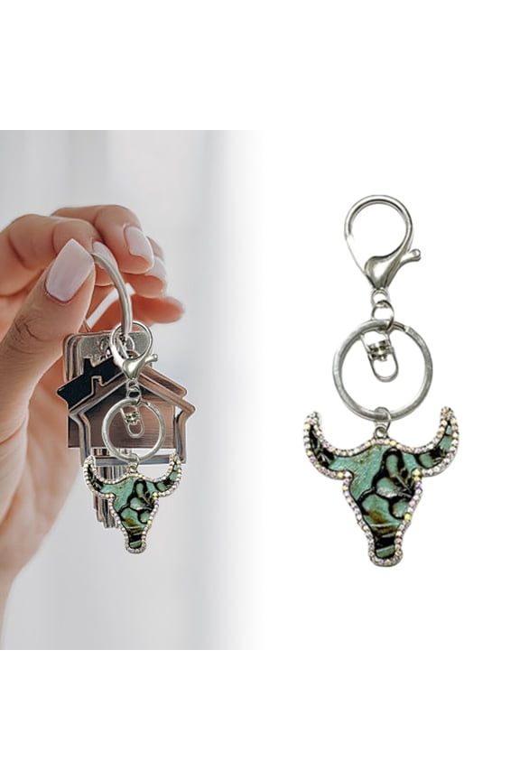Vintage Flower Embossed Cowhide Keychain with Bull Head Western Style Metal Bag Charm Unique Accessory