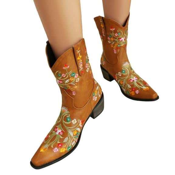 Vintage Flower Embroidered Cowboy Boots for Women Ethnic Floral Leather Wide Mid Calf Western Cowgirl Booties