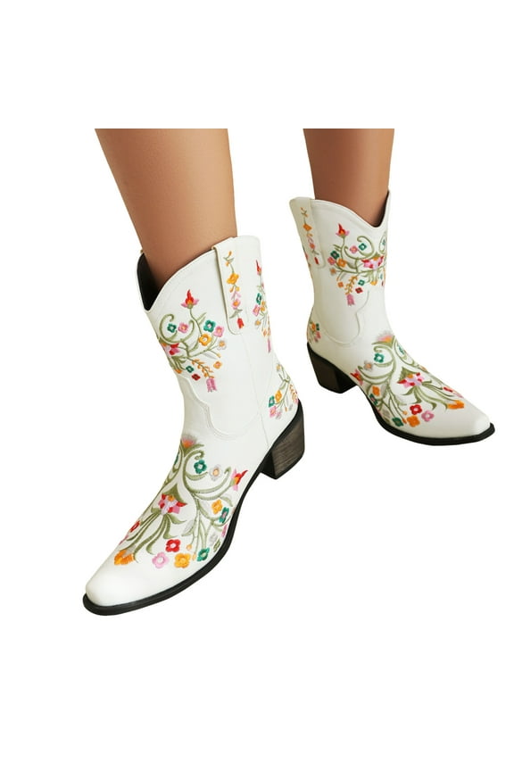 Vintage Flower Embroidered Cowboy Boots for Women Ethnic Floral Leather Wide Mid Calf Western Cowgirl Booties