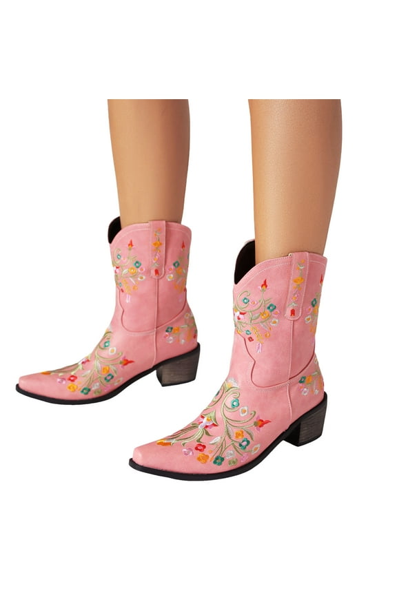 Vintage Flower Embroidered Cowboy Boots for Women Ethnic Floral Leather Wide Mid Calf Western Cowgirl Booties