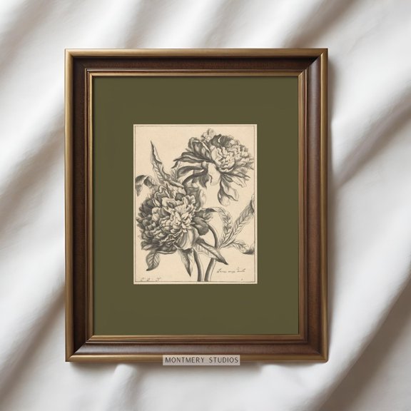 Vintage Flower Etching Print Poster, Antique Floral Sketch, Sage Green Botanical Wall Art Poster Warm Present Vintage UNFRAMED Poster Size 8x12