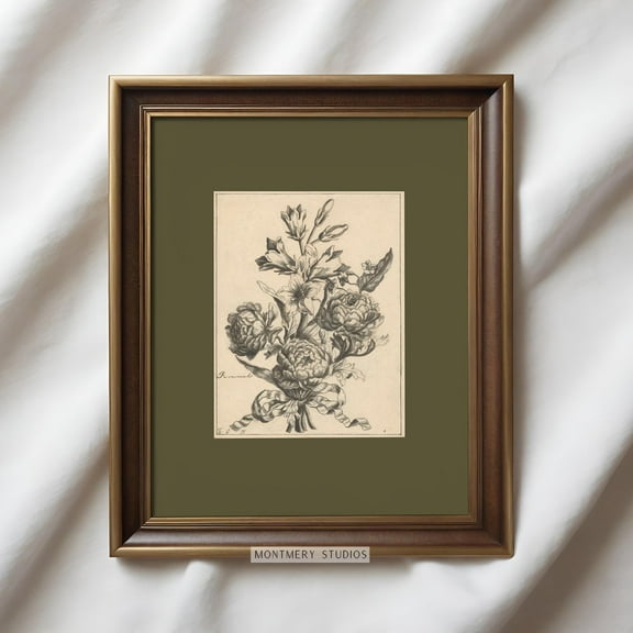 Vintage Flower Etching Print Poster, Sage Green Botanical Wall Art Poster, Antique Floral Sketch, Dark Green Botanical Drawing Warm Present Vintage UNFRAMED Poster Size 24x36