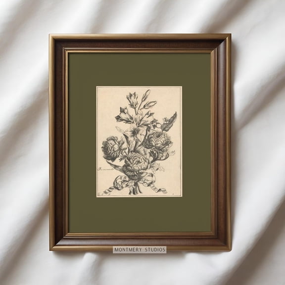 Vintage Flower Etching Print Sage Green Botanical Wall Art Antique Floral Sketch Dark, Unframed Paper Print