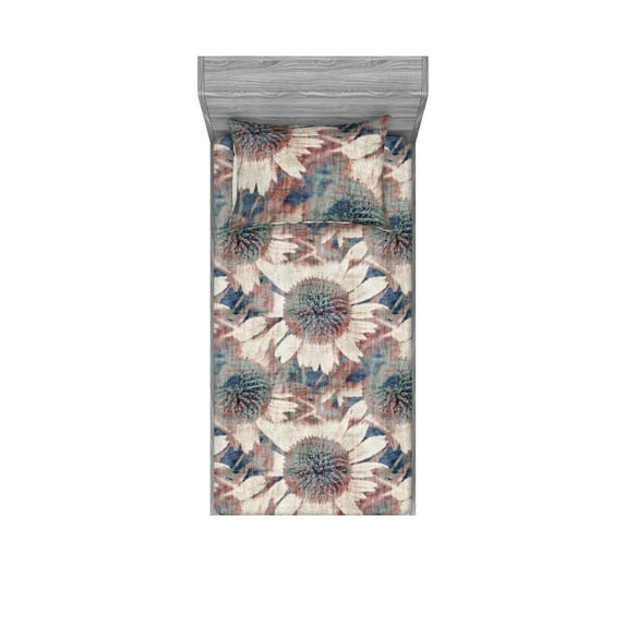 Vintage Flower Fitted Sheet & Pillow Sham Set, Grunge Weathered Effect Sunflower Nostalgic Garden Seafoam Details, Decorative Printed 2 Piece Bedding Decor, Twin, Slate Blue Pale Rust, by Ambesonne