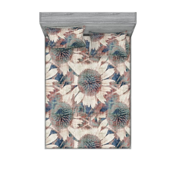 Vintage Flower Fitted Sheet & Pillow Sham Set, Grunge Weathered Effect Sunflower Nostalgic Garden Seafoam Details, Decorative Printed 3 Piece Bedding Decor, Queen, Slate Blue Pale Rust, by Ambesonne