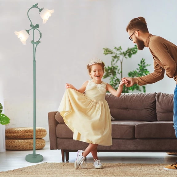 Vintage Flower Floor Lamp for Living Room - 2 LED 5W Bulbs Included, Foot Switch Green Standing Lamp with Acrylic Shade, Unique Floral Tall Lamp for Bedroom Office Corner