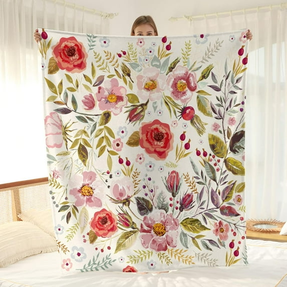 Vintage Flower Floral Blanket Colorful Boho Red Flowers Throw Spring Summer Retro Decoration Boho Gifts for Women Mom Kids Girls Soft Plush White Throw Blanket 50"x60"