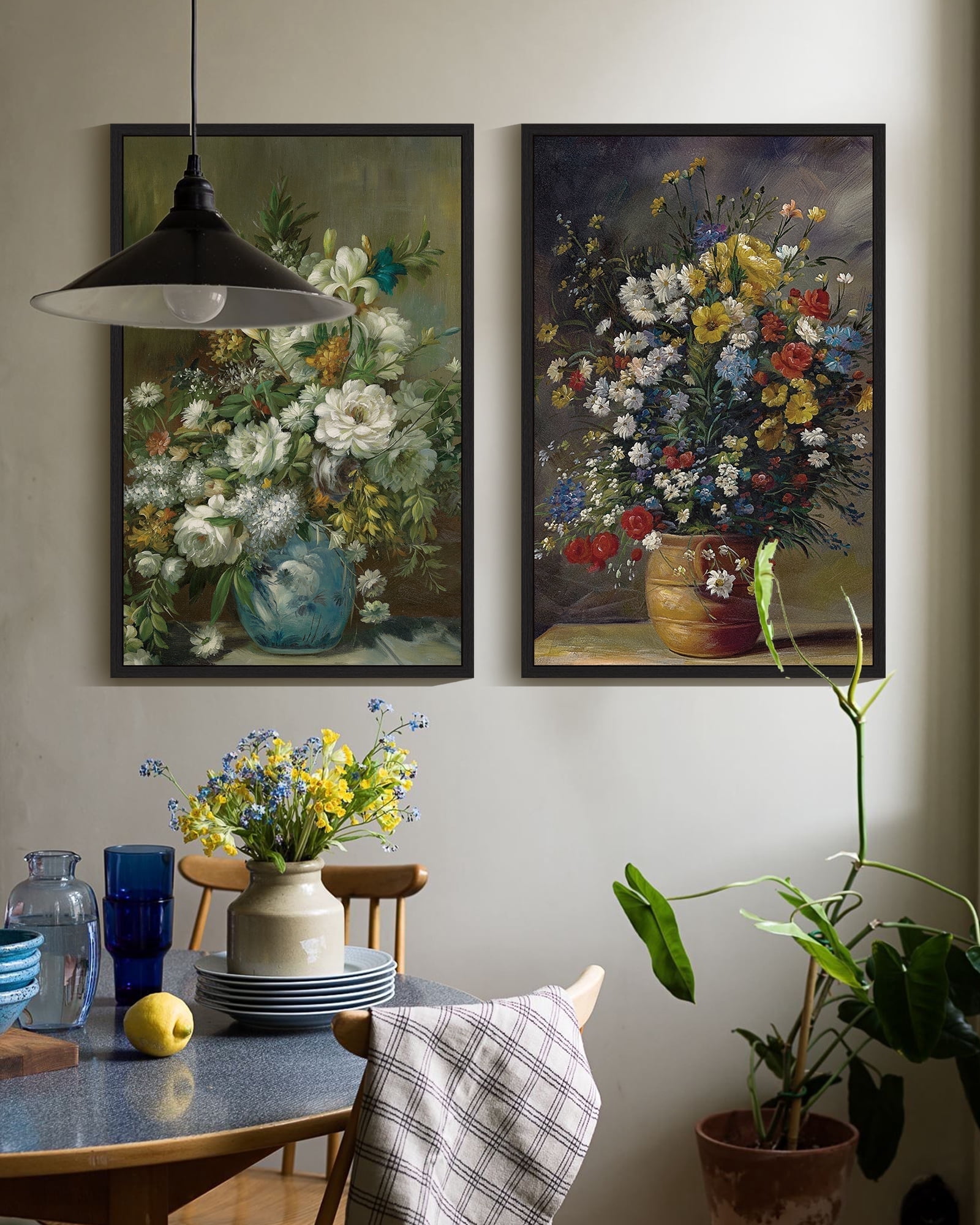Vintage Flower Framed Wall Art 16x24in2pcs Framed Black Modern Farmhouse Kitchen Bathroom Office Decor Retro Floral Classic Wall Prints