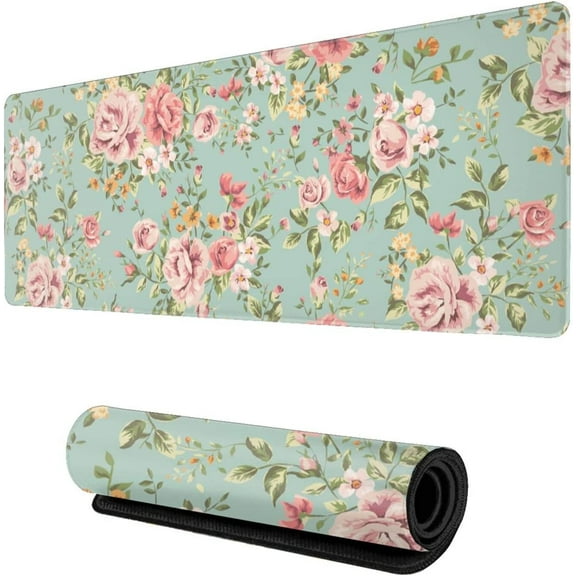 Vintage Flower Gaming Mouse Pad XL, Extended Large Full Desk Mousepad 31.5 X 11.8 Inch, Waterproof Big Mouse Pad with Stitched Edge, Non-Slip Long Keyboard Mat for Office & Home