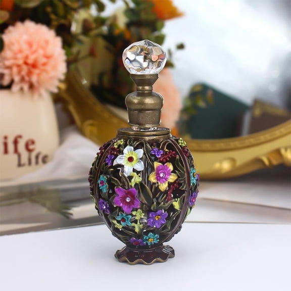 Vintage Flower Glass Perfume Bottle, 12ml Empty Refillable Painted Enamel Decorative Crystal Scent Bottle, Jeweled Ornate Holder for Essential Oil