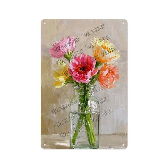 Vintage Flower in Glass Vase Tin Sign - Rustic Floral Wall Decor, Botanical Metal Art for Home, Kitchen, Living Room, Farmhouse, Porch, Cottagecore Style, 8x12 Inches