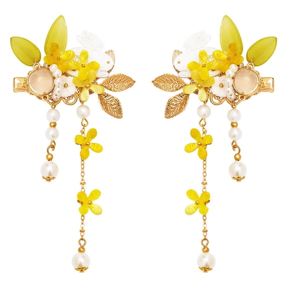 Vintage Flower Hair Clips, A Pair of Yellow Osmanthus Decorative Hair Clips Tassel Pearl Hair Barrettes, Wedding Hair Pins Hair Accessories for Women Girls Bride Bridesmaid