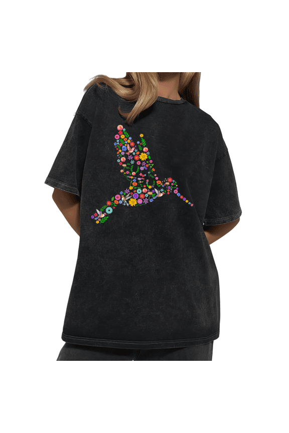 Vintage Flower Jumpman Colorful Wildflower Wash Print Tshirt S-2XL Acid Washed Black Graphic Tees Casual Shirts for Floral Lover Tops