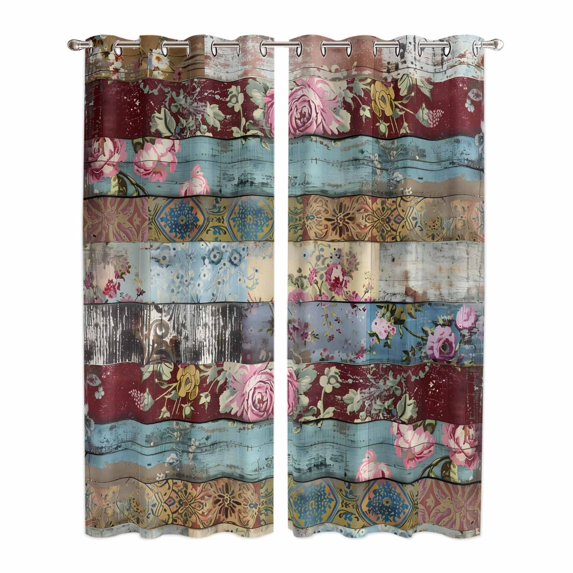 Vintage Flower Kitchen Curtains 84 Inch Length, Retro Botanical Floral Wooden Grommet Top Bedroom Living Room Curtains, Light Filtering Cafe Curtain Drapes 2 Panels Set 84''x84''