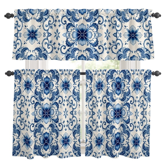 Vintage Flower Kitchen Curtains Valances 3 Piece Set, Greek Cobalt Blue Mandalas Floral Tile Texture Rod Pocket Tier Curtain and Valance Drapes for Small Window 36 Inch Length for Bedroom Cafe