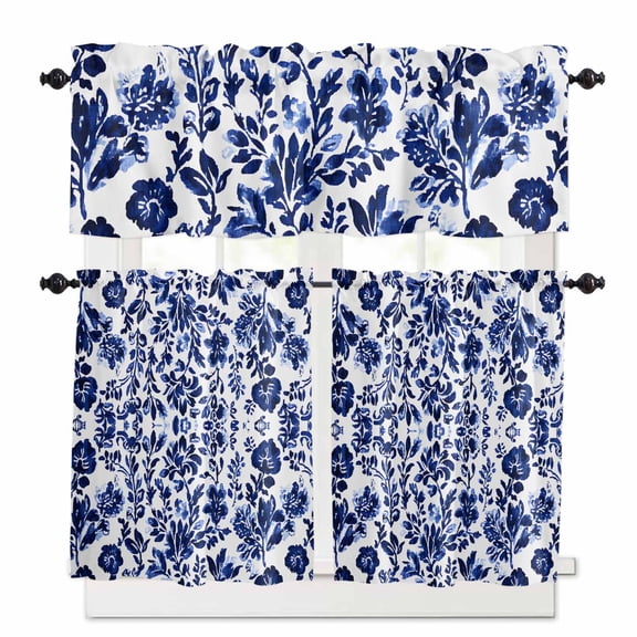 Vintage Flower Kitchen Curtains Valances and Tiers Set of 3 Spring Abstract Dark Blue Floral Pattern Retro Tier Curtains and Valance for Kitchen Bathroom Small Windows 27.5"W x 24"L (Pack of 3)