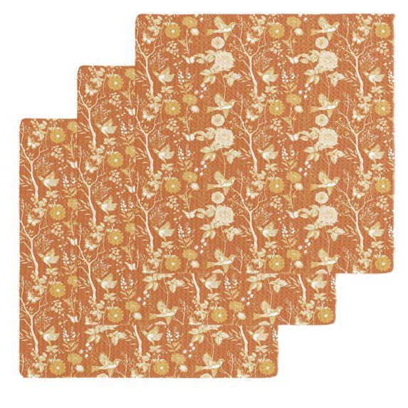 Vintage Flower Kitchen Dish Towels for Drying Dishes Set of 3, Orange Bird Leaf Branch Botanical Tree Waffle Weave Microfiber Hand Tea Bathroom Towels Quick Dry & Absorbent Towel 12x12