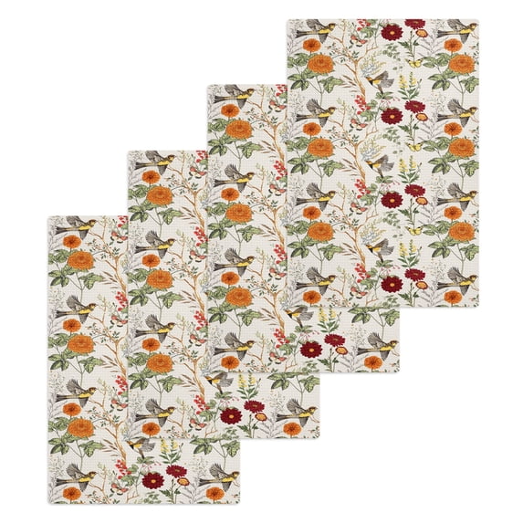 Vintage Flower Kitchen Dish Towels for Drying Dishes Set of 4, Farmhouse Bird Butterfly Red Floral Waffle Weave Microfiber Hand Tea Bathroom Towels Quick Dry & Absorbent Towel 15.7x23.6