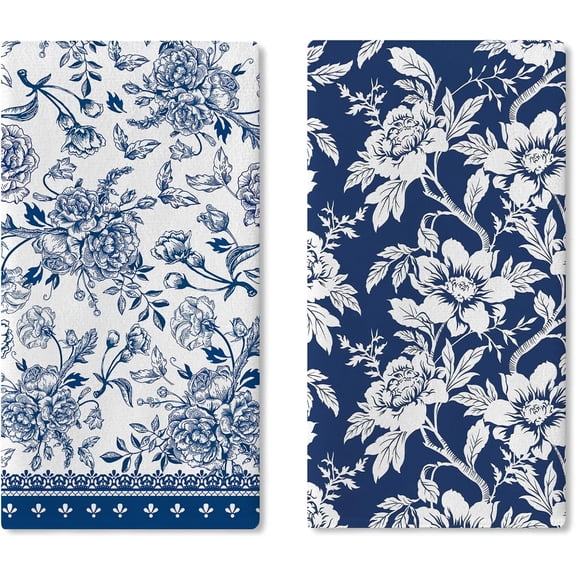 Vintage Flower Kitchen Dish Towels Set of 2, Retro Blue White Floral Drying Hand Towel Baking Cooking Cloth, Spring Summer Bathroom Home Decoration 18'' x 26''