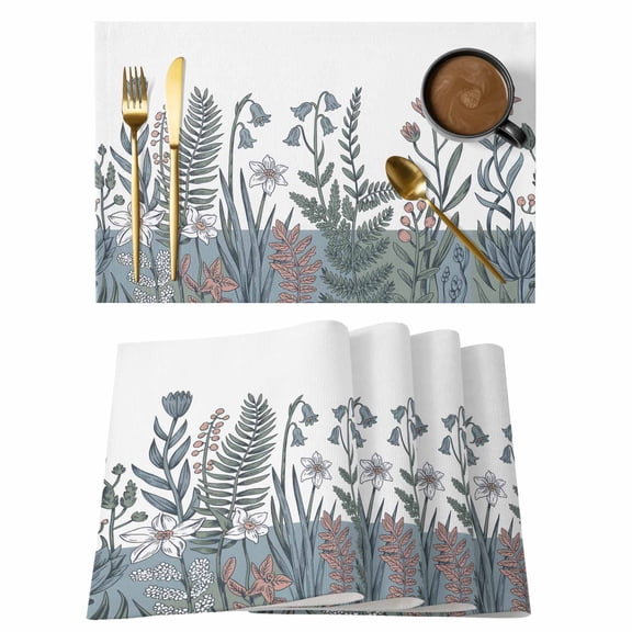 Vintage Flower Leaf Placemats Set of 8, Retro Pink Flowers Watercolor Medieval Non-Slip Place Mats Washable Table Mats for Kitchen Dining Table Decorations Indoor/Outdoor