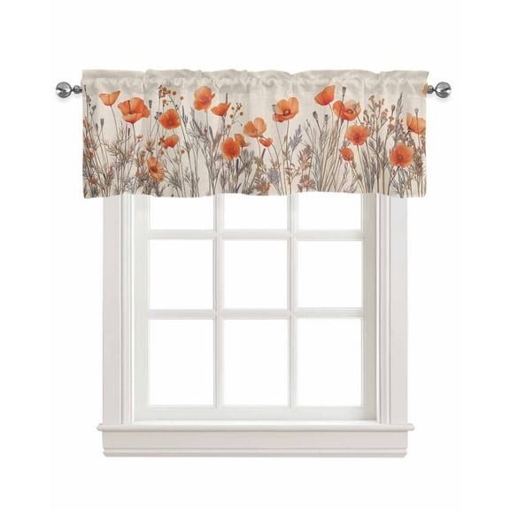 Vintage Flower Linen Curtain Valance for Bedroom/Bathroom/Kitchen/Office/Living/Dining Room Window,Farmhouse Country Floral Leaf Orange Pocket Topper Drapes Decorative Cafe Drapery Panel 42"x18"