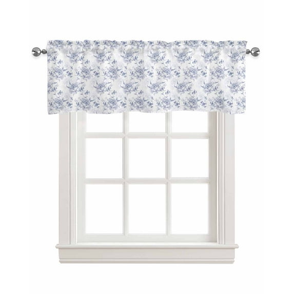 Vintage Flower Linen Curtain Valance for Bedroom/Bathroom/Kitchen/Office/Living/Dining Room Windows,Pastoral Country Botanical Plant Blue Rod Pocket Topper Drapes Decorative Cafe Drapery Panel 60x18