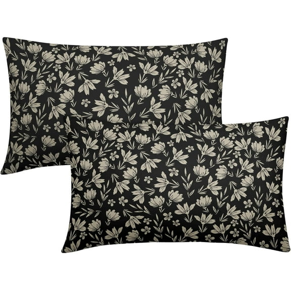 Vintage Flower Lumbar Pillow Covers 12x20 Set of 2 Rustic Old Style Cute Small Floral Black Cream Decorative Throw Pillows Outdoor PillowCase Farmhouse Linen Long Cushion Case Decor for Sofa Couch Bed