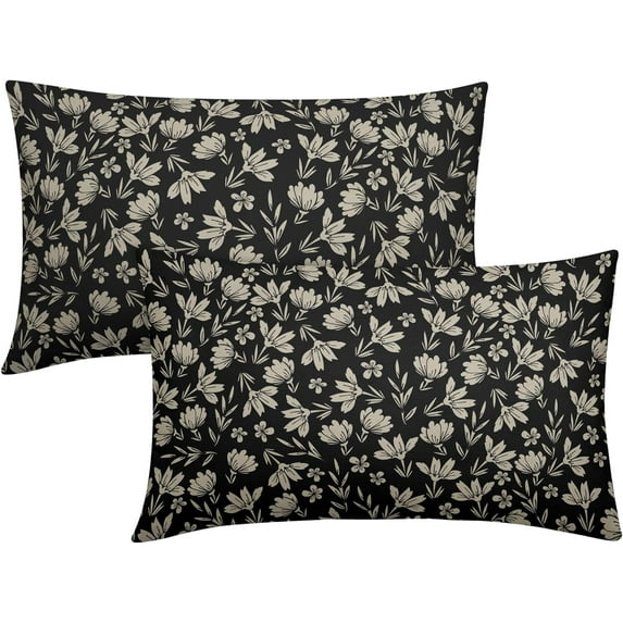 Vintage Flower Lumbar Pillow Covers Set of 2 12x20 Inch Rustic Old Style Cute Small Floral Black Cream Decorative Throw Pillows Outdoor PillowCase for Farmhouse Linen Long Cushion Case Decor for Sof
