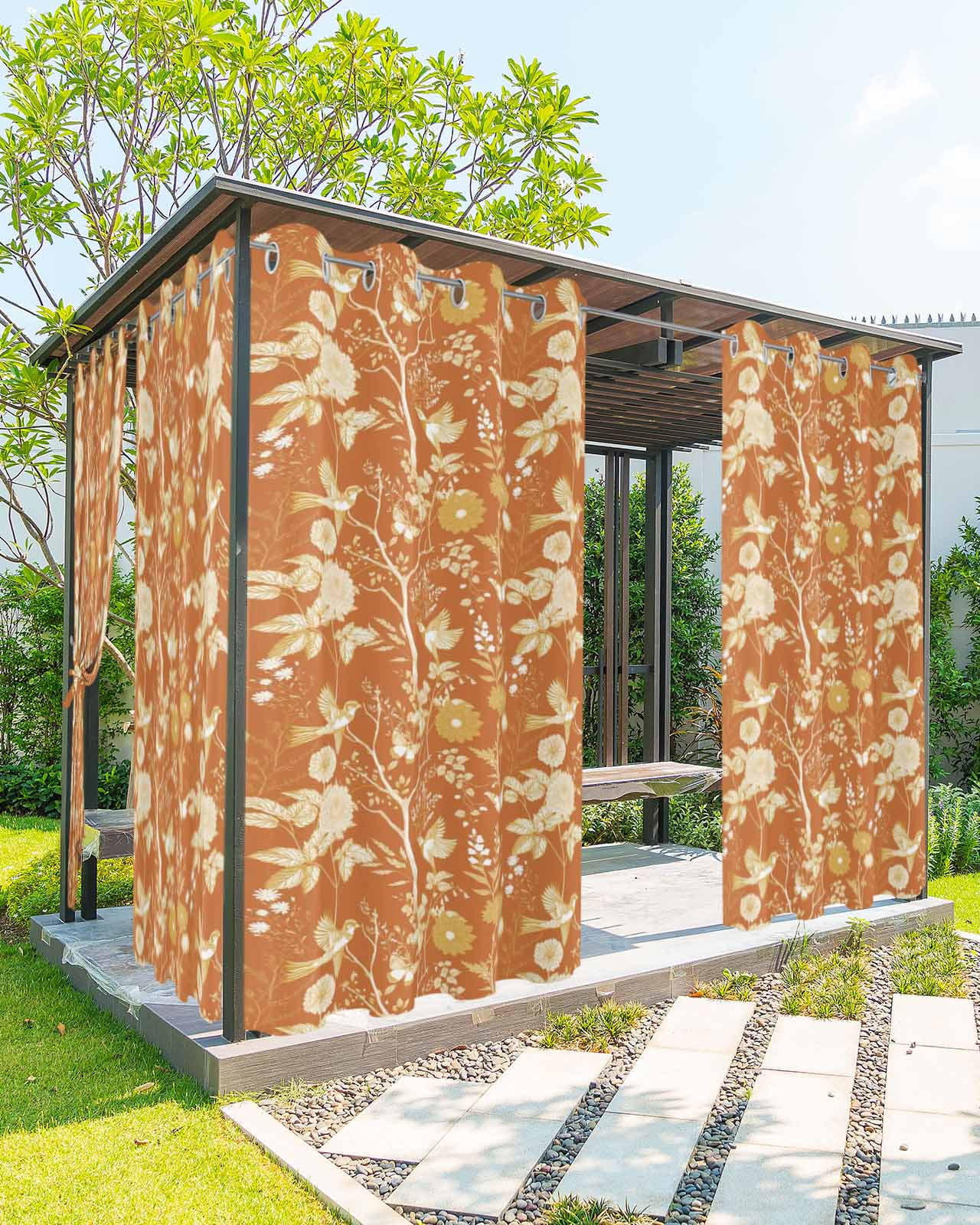 Vintage Flower Outdoor Curtains for Patio, Orange Bird Leaf Branch Botanical Tree Privacy Drapes Grommet Waterproof Outside Curtains for Porch/Cabana/Balcony 54"x 95", 2 Panel
