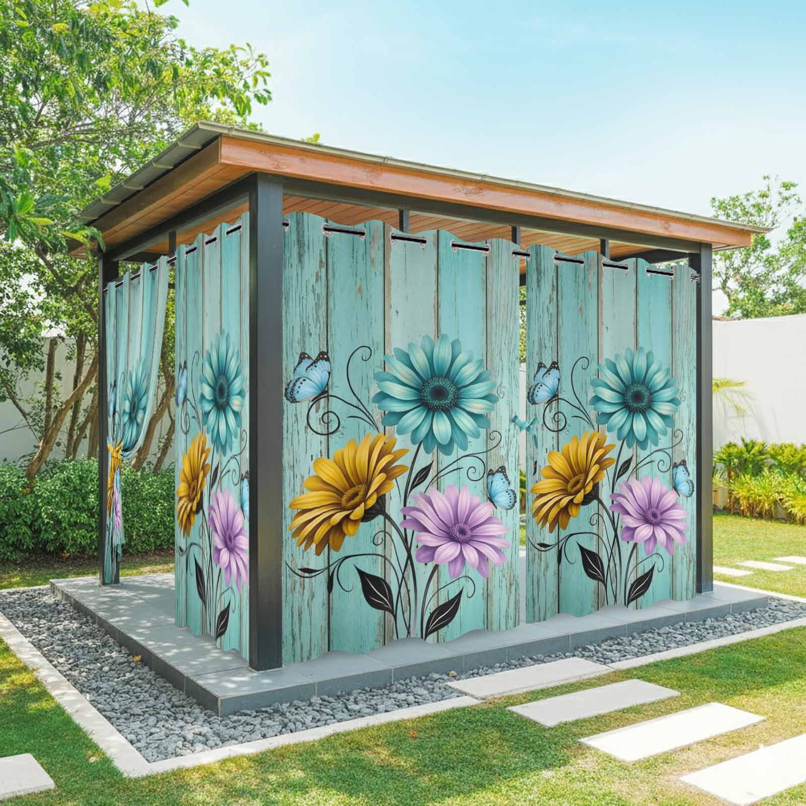 Vintage Flower Outdoor Curtains for Patio, Yellow Purple Daisy Blue Butterfly Green Wood Grain Sunshade Privacy Drapes Grommet Waterproof Outside Curtains for Porch/Cabana/Balcony 54"x 108", 1 Panel