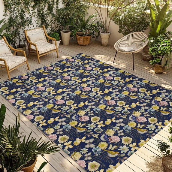 Vintage Flower Outdoor Rug for Patio/Deck/Porch, Non-Slip Large Area Rug 5 x 7 Ft, Yellow Spring Floral Leaf Pastoral Birds Navy Blue Indoor Outdoor Rugs Washable Area Rugs, Camping Rug Carpet Runner