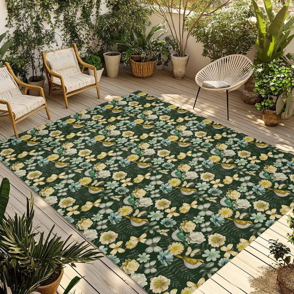 Vintage Flower Outdoor Rug for Patio/Deck/Porch, Non-Slip Large Area Rug 6 x 9 Ft, Green Spring Floral Leaves Pastoral Birds Plants Indoor Outdoor Rugs Washable Area Rugs, Camping Rug Carpet Runner