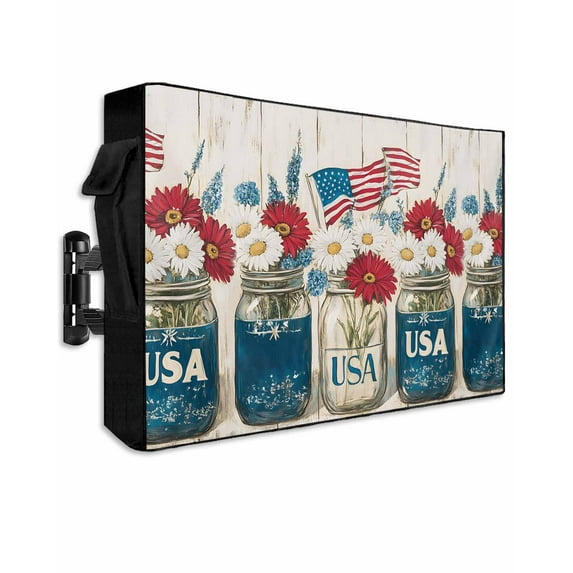 Vintage Flower Outdoor TV Cover 48 to 50 Inch Weatherproof, Independence Day American Flag Daisy 600D Oxford TV Covers with Waterproof Zipper, Outside Flat TV Screen Protector Size 48"Wx30"Hx4.5"D