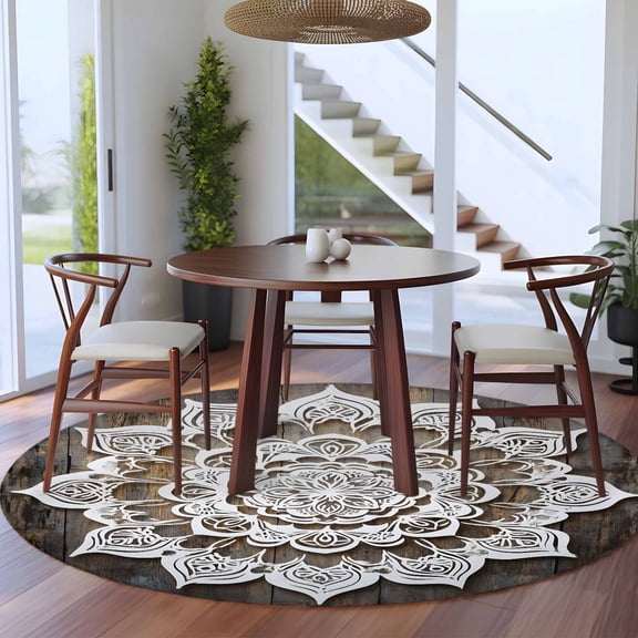 Vintage Flower Pattern 5ft Round Rug for Dining Table for 4 People Under Table Placement, Retro Wood Board Ethnic Style Washable Non Slip Circle Area Rug