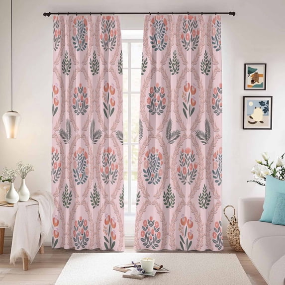 Vintage Flower Pattern Blackout Curtains for Bedroom/Living Room, Pinch Pleated Black Out Curtains, Spring Floral Leaves Plants Pink Room Darkening Window Drapes with Hooks 2 Panels, 59"x70"