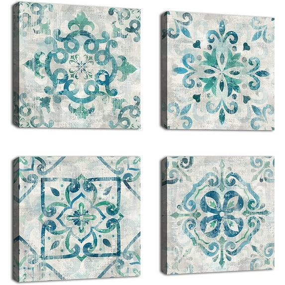 Vintage Flower Pattern Canvas Wall Art for Bedroom Wall Decor Rustic Boho Teal Floral Pictures Geometric Symmetry Canvas Prints Artwork for Bathroom Living Room Office Decoration 12" X 12" X 4Piece