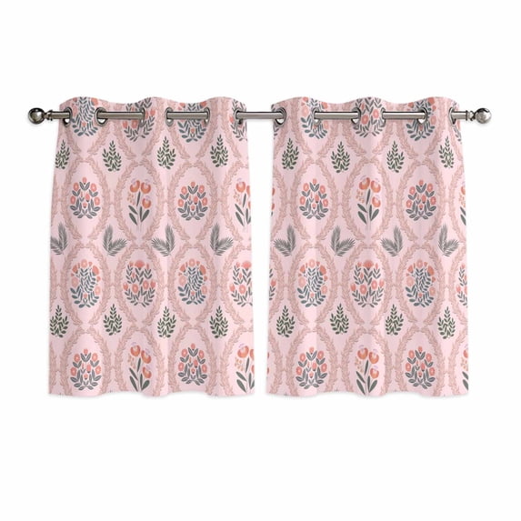 Vintage Flower Pattern Kitchen Curtains Window Panels, Spring Floral Leaves Plants Pink Insulated Window Treatment Curtain, Grommet Curtains for Bedroom/Living Room/Bathroom, 2 Piece 42"Wx45"L