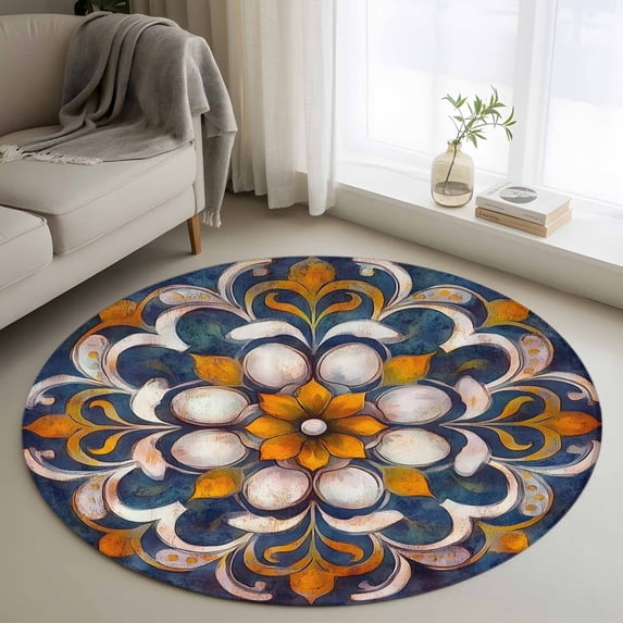 Vintage Flower Pattern Round Rugs for Living Room 3ft White Orange Flower Blue Background Non Slip Circle Rug Washable Low-Profile Indoor Carpet for Bedroom, Dining Room, Bathroom