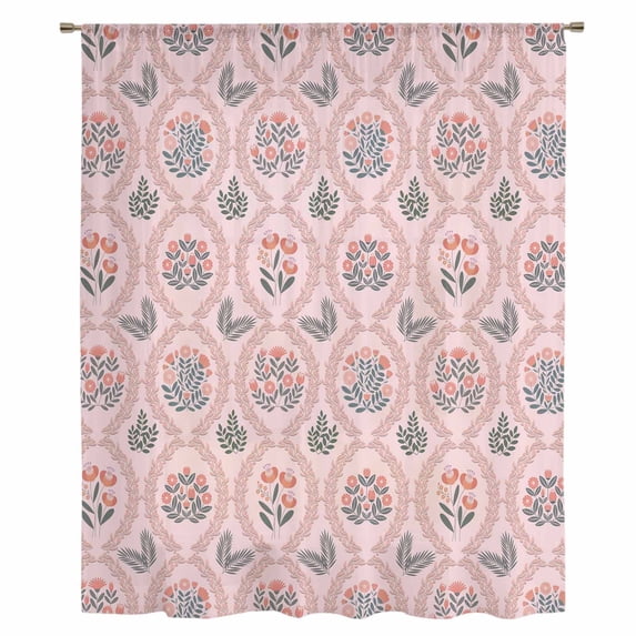 Vintage Flower Pattern Sheer Curtains 54 Inches Long, Spring Floral Leaves Plants Pink Light Filering Curtains, Breathable Simi Curtain Privacy Drapes for Kitchen Bathroom Small Window Treatment