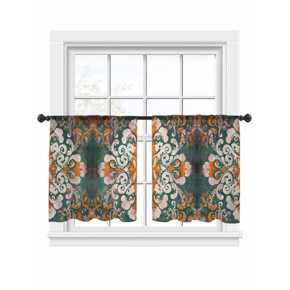 Vintage Flower Pattern Sheer Curtains for Living Room Bedroom, Light-filtering Sheer Curtain, Orange Flower Green Background Light-Rod Pocket Voile Window Treatment Drapes, 52’’Wx45’’L, 2 Panels Set